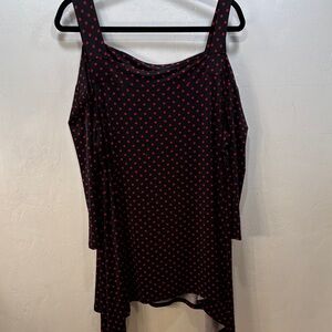 Come N See Black & Red Polka Dots Stretchy Cold Shoulder Relaxed Fit Tunic SZ XL